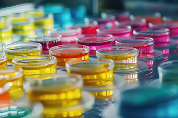 Colorful petri dishes in scientific laboratory