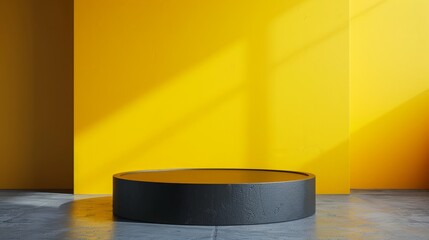 yellow background black pedestal Attract attention with its simplicity, ease of use, and meticulous placement, suitable for displaying various products and merchandise.