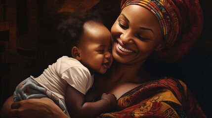 A tender scene of an African mother comforting her baby in her lap, her gentle touch bringing solace and reassurance. - obrazy, fototapety, plakaty
