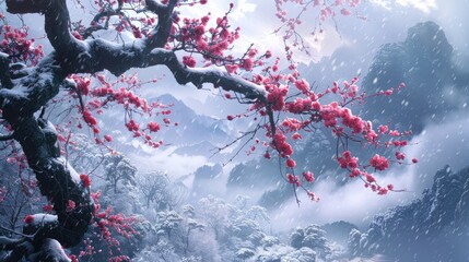 Cherry blossoms over snow mountain backdrop