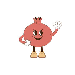 Cute cartoon mascot character pomegranate fruit waving with the hand vector illustration isolated on white. Retro groovy natural organic healthy food vegetables fruit print poster postcard design
