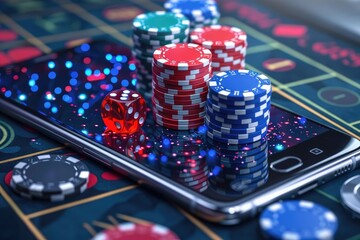 Smartphone with a gambling game, surrounded by vibrant casino chips and dice, implying the impact of online betting