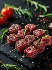 Raw beef skewers with fresh vegetables and herbs, prepared for grilling