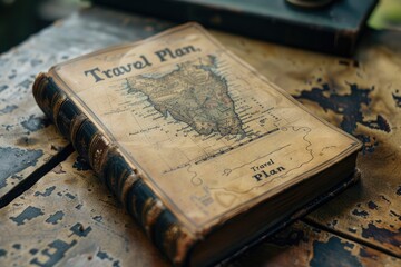 Vintage Travel Plan leather book on a rustic table
