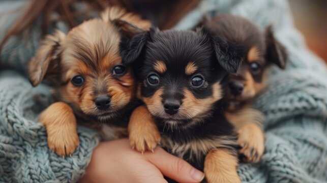Three adorable puppies snuggling closely