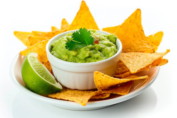 Traditional guacamole sauce with nacho chips isolated on white background. Popular Mexican food - 781343702