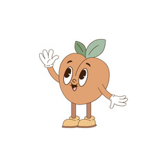 Cute cartoon mascot character peach fruit waving hand gesture vector illustration isolated on white. Retro groovy natural organic healthy food vegetables fruit print poster postcard design. Hand drawn