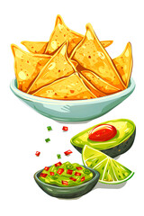 Traditional guacamole sauce with nacho chips isolated on white background. Popular Mexican food - 781343716
