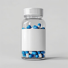 pills in a bottle with white empty label for mockup  - obrazy, fototapety, plakaty