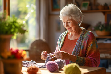 elderly woman relaxes in her indoor space, finding joy and fulfillment in the calming activity of needlecraft.