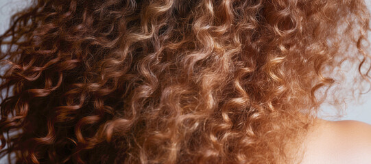 Textured curly hair: Closeup of a woman with natural, wavy brown curls.