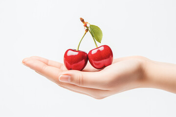 A woman's hand holds a bunch of ripe, shiny cherries, reflecting the bounty of the spring season and the deliciousness of freshly picked fruit.