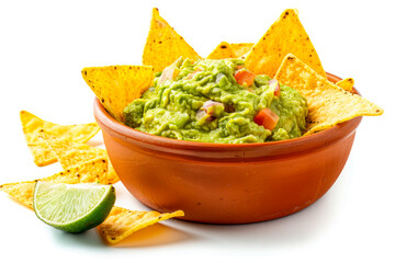 Traditional guacamole sauce with nacho chips isolated on white background. Popular Mexican food - 781343770