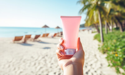 Close-up of a sunscreen tube against a backdrop of turquoise waters and sandy beaches, emphasizing the importance of sun protection for a relaxing summer vacation.