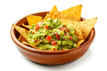 Traditional guacamole sauce with nacho chips isolated on white background. Popular Mexican food - 781343774