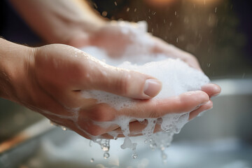 Fresh water flowing over a hands, cleansing away bacteria and promoting healthy hygiene.