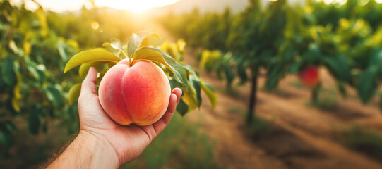 Close-up of a hand holding a freshly picked peach, its bright red hue and sweet aroma signaling the peak of the summer season and the joys of organic farming.