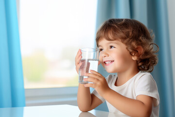 A close-up portrait captures the joy of a little boy as he holds a glass of fresh water, his smile reflecting the happiness of staying hydrated and healthy at home.