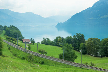 railway along lake Brienz, green lakeside and alps view