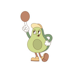 Cute cartoon mascot character sporty avocado use its seed as a ball vector illustration isolated on white. Retro groovy natural organic healthy food vegetables fruit print poster postcard design. Hand