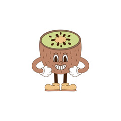 Cute cartoon mascot character smiling kiwi fruit with arms akimbo vector illustration isolated on white. Retro groovy natural organic healthy food vegetables fruit print poster postcard design. Hand