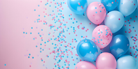Pink and blue balloons on a pink background, creating a vibrant and festive atmosphere