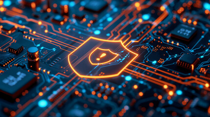 A computer chip with a glowing red shield on it