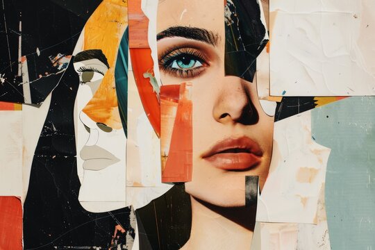 trendy art portrait of woman paper collage art vintage design, retro creative artwork template