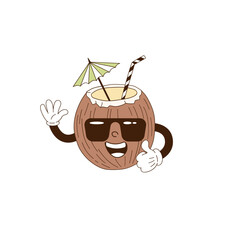 Cute cartoon mascot character coconut shell in sunglasses with cocktail umbrella vector illustration isolated on white. Retro groovy natural organic healthy food vegetables fruit print poster postcard