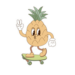 Cute cartoon mascot character whistling pineapple on skateboard showing peace gesture vector illustration isolated on white. Retro groovy natural organic healthy food vegetables fruit print poster - 781345166