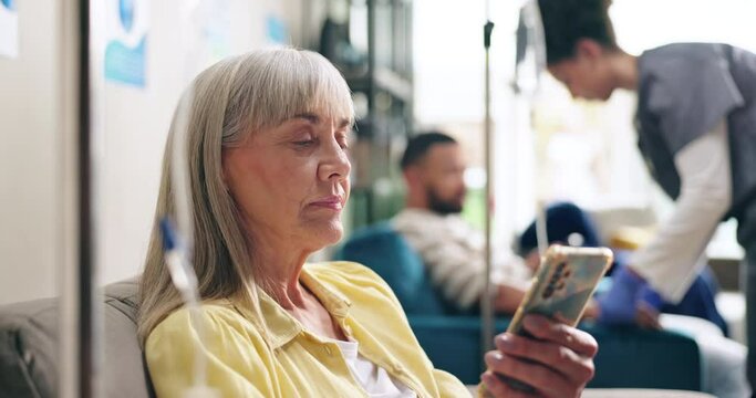 Hospital, phone and mature woman with IV drip for vitamin infusion, medication and liquid supplement. Healthcare, wellness clinic and person on smartphone for social media, website and internet news