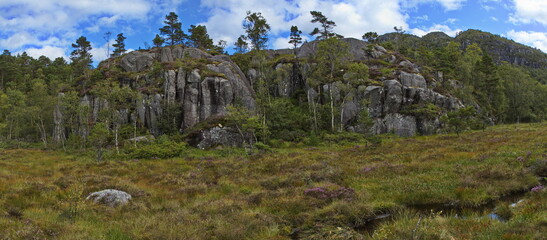 Rock formation at the hiking track to Preikestolen in Norway, Europe
