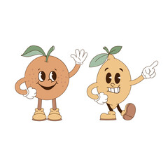 Cute cartoon mascot character citrus fruit orange and lemon vector illustration set isolated on white. Retro groovy natural organic healthy food vegetables fruit print poster postcard design. Hand