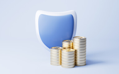 Safety shield and golden coins, 3d rendering.