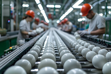 Workers inspecting products balls on an assembly line in a factory. Industrial workplace and quality control concept