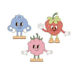 Cute cartoon mascot characters bluberry strawberry raspberry vector illustration set isolated on white. Retro groovy natural organic healthy food vegetables fruit print poster postcard design. Hand - 781345913
