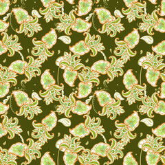 Paisley seamless pattern of vintage foliage, flowers, ethnic  traditional golden outline