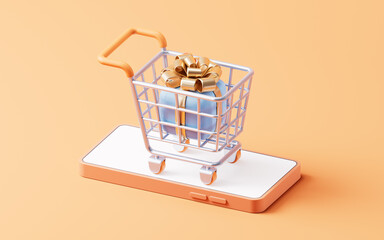 Cartoon shopping cart on the cell phone, 3d rendering.