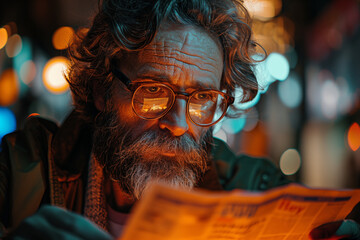 Obraz premium elderly person with curly hair, beard and glasses is reading a newspaper in the night light