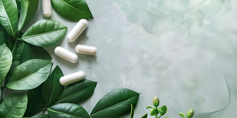 Herbal alternative medicine in capsules on white table,  - obrazy, fototapety, plakaty