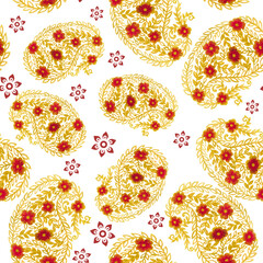 Paisley seamless pattern of vintage foliage, flowers, ethnic  traditional golden outline