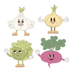 Set of cute veggies cartoon mascot characters garlic onion cabbage beetroot vector illustration isolated on white. Retro groovy natural organic healthy food farm vegetables print poster postcard