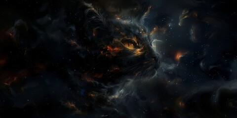 Fototapeta na wymiar The image of a cat's head among the endless stars and nebulae of space