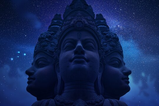 Lord Brahma against the background of the endless starry blue night sky