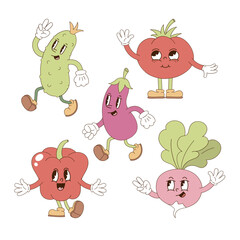 Set of cute veggies cartoon mascot characters cucumber tomato eggplant sweet pepper radish vector illustration isolated on white. Retro groovy natural organic healthy food farm vegetables print poster