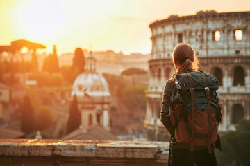 Young tourist girl with backpack, stands with her back and looks at the Colosseum in Rome in the sun. Travel Adventures. Exploring Italiy, Rome.