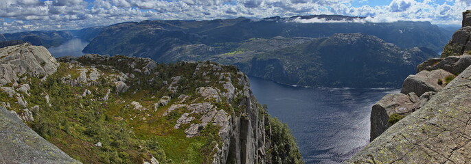 View of Lysefjord from the hiking track to Preikestolen in Norway, Europe
