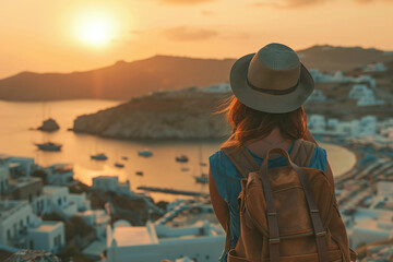 Europe travel vacation fun summer woman with hat and backpack enjoying beautiful view in Oia,...