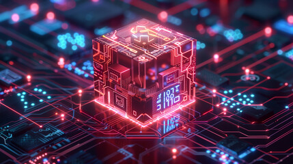 abstract cyber tech background, glowing digital cubes, futuristic technology wallpaper, computer motherboard, backdrop for modern tech business presentation or modern technology website banner 