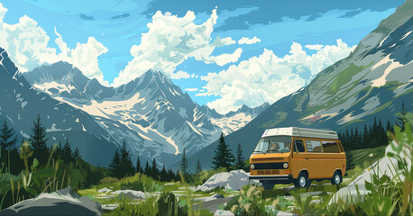 Camper van with nature landscape background. Scenic forest panorama. Lake and mountain peaks scenery. 
